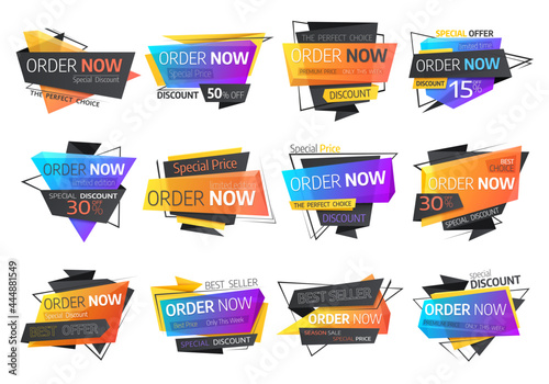 Order now origami business labels and banners. Online shopping seasonal sale offer, discount and special price vector origami paper tags, buy or shop now stickers, preorder buttons