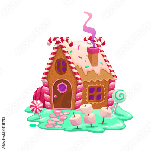 Caramel and ginger cartoon fairy house or dwelling. Christmas gingerbread cookie house, cartoon vector fairytale hut made of crackers, candy cane and jelly, marshmallows, icing and lollipop candies