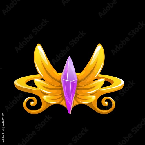 Magic ring with golden wings and pink gemstone. Vector wizard sorcerer or witch gold jewel with precious gem and curves. Fantasy jewelry with sparkling crystal. Isolated cartoon ui design element