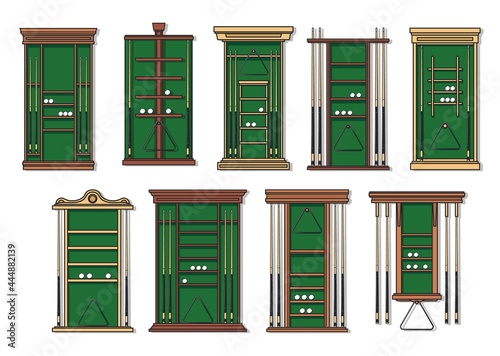 Billiard game cue rack, pool and snooker sticks, balls and triangle frames on shelves. Billiard sport, pool club equipment and furniture, vector wooden racks with green cloth for snooker cues