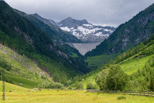 Der Zillergrund in den Zillertaler Alpen mit Staumauer des Speichers Zillergründl, Tirol, Österreich im Sommer