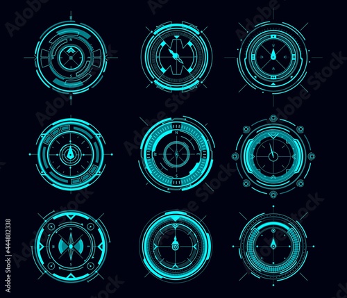 HUD compass or aim control panel vector futuristic user interface of Sci Fi. HUD game navigation compass and military aim system, sniper weapon target, scope crosshair, collimator sight, shoot range photo