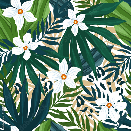 Botanic seamless pattern with exotic flowers, jungle plants, leaves, animal skin, hand drawn background. Abstract floral pattern. Tile with tropical leaf.