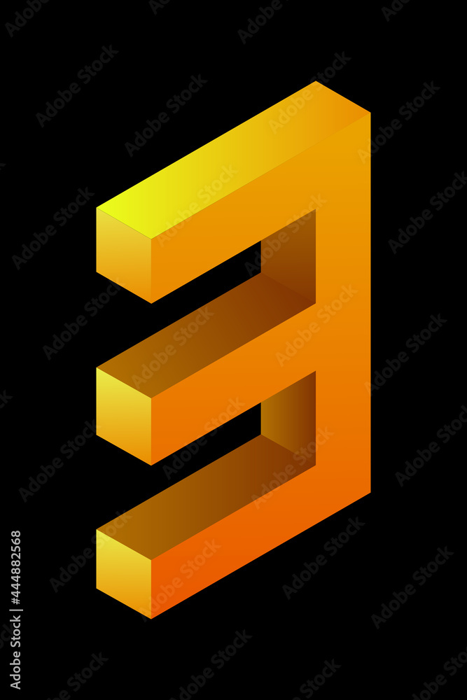 Gradient golden number 3 in isometric style. Yellow figure isolated on black background. Learning numbers, price, place. Gradient golden number 3 in isometric style. Yellow figure isolated on black background. Learning numbers, price, place.