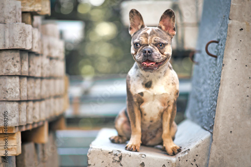 Young merle colored French Bulldog dog with large yellow eyes sitting on concrete block