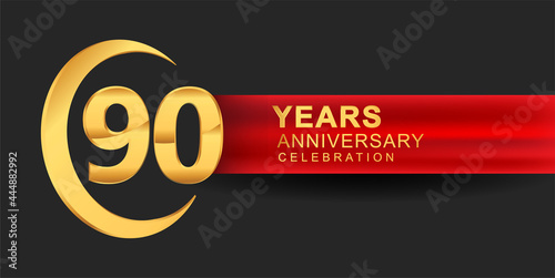 90th anniversary design logotype golden color with ring and red ribbon for anniversary celebration photo