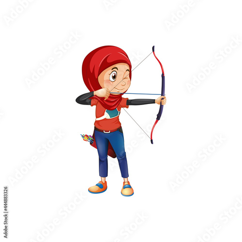 person with bow and arrow, Arab boy, Muslim woman shooting archery. aim arrow