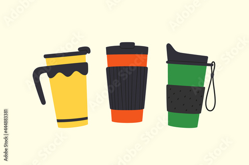 Set of tumblers with cap and handle. Reusable cups and thermo mugs. Different designs of thermos for take away coffee. Vector illustrations isolated in flat and cartoon style on light background.