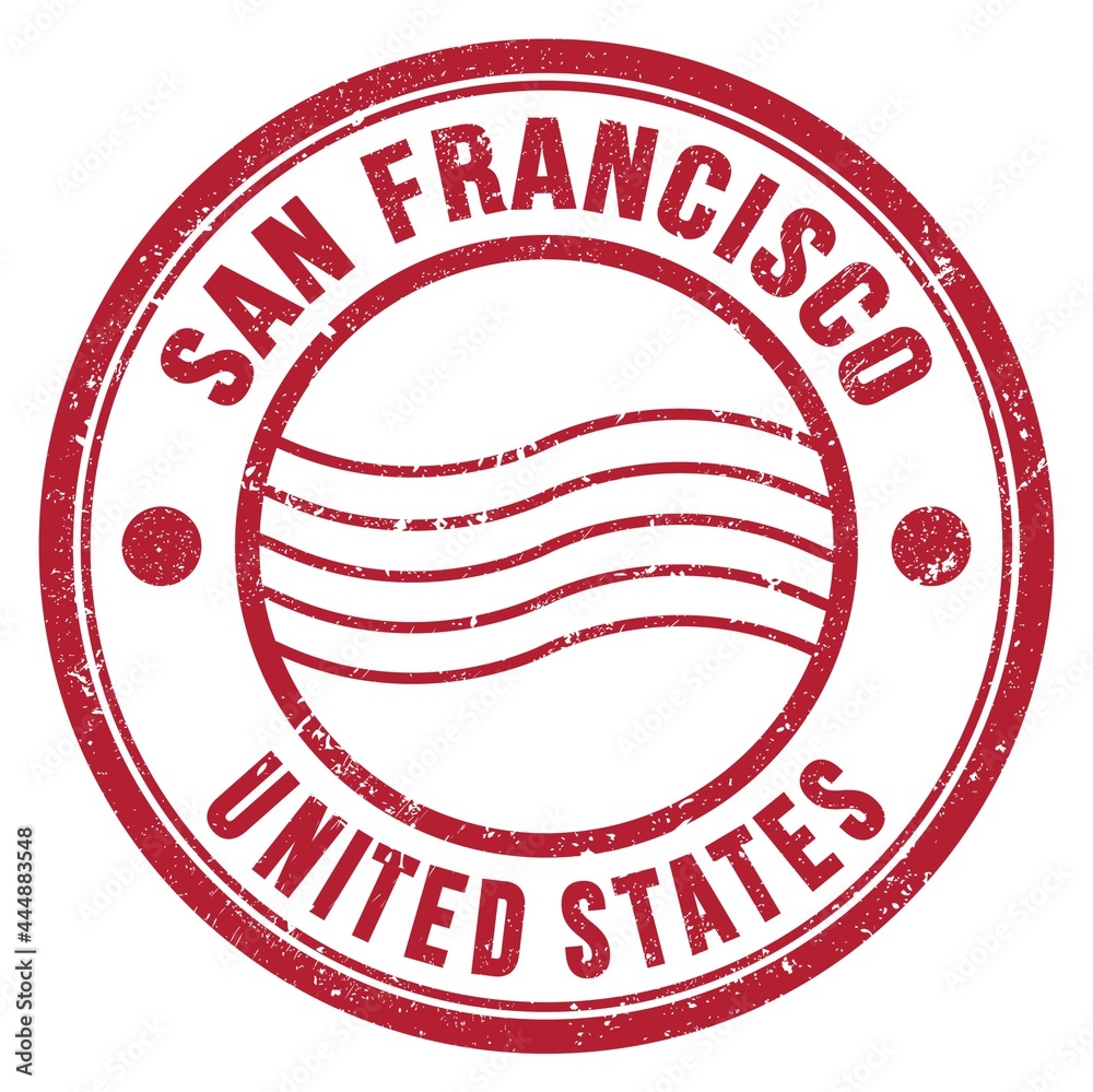 SAN FRANCISCO - UNITED STATES, words written on red postal stamp SAN FRANCISCO - UNITED STATES, words written on red postal stamp