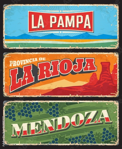 La Pampa, La Rioja and Mendoza provinces and regions of Argentina vector vintage plates. Talampaya canyon, Pampas lowland nature landscape and wine grapes old tin banners, Argentine travel design