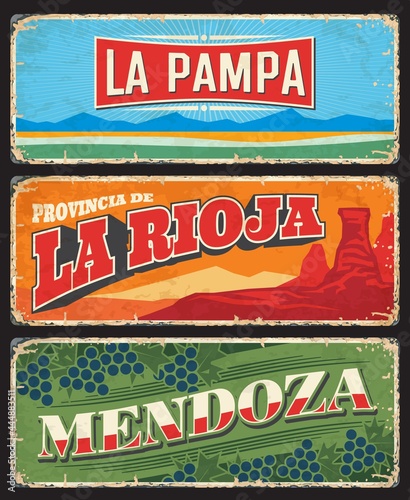 La Pampa, La Rioja and Mendoza provinces and regions of Argentina vector vintage plates. Talampaya canyon, Pampas lowland nature landscape and wine grapes old tin banners, Argentine travel design photo