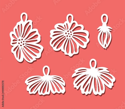 Set of pendants with flowers. Decorative hanging decorations with flower buds, chamomile petals for jewelry or home decor. Template for plotter laser cutting of paper, metal engraving, wood carving.