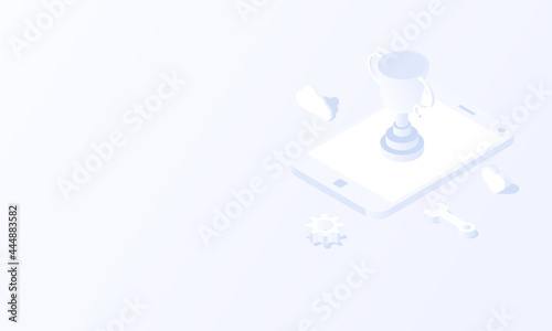 Mobile Social media championship cup of soccer concept in isometric background vector design.