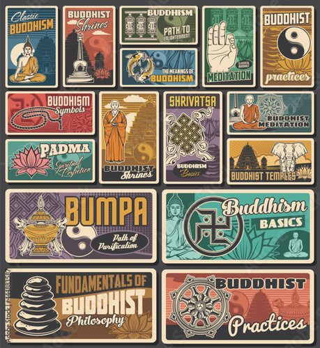 Buddhism religion shrines, meditation retro banners and posters. Buddhism monk, Buddha, yin and yang, endless knot and sauwastika symbols, treasure vase, dharma wheel and pebble pile, lotus flower