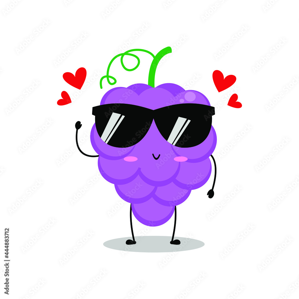 Fototapeta premium Vector illustration of grape character with cute expression, lovely, sunglasses, grapes isolated on white background, simple minimal style, fresh fruit for mascot collection, emoticon