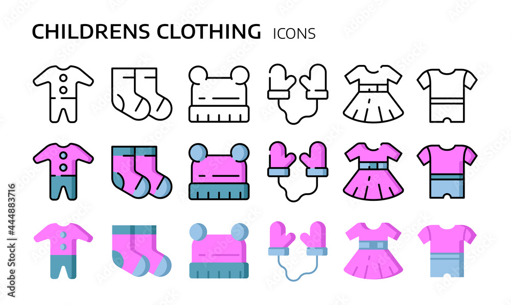 Baby clothes icons set. Bodysuit, romper, cap, socks, girl dress vector illustrations. Flat outline signs. Baby clothes icons set. Bodysuit, romper, cap, socks, girl dress vector illustrations. Flat outline signs.