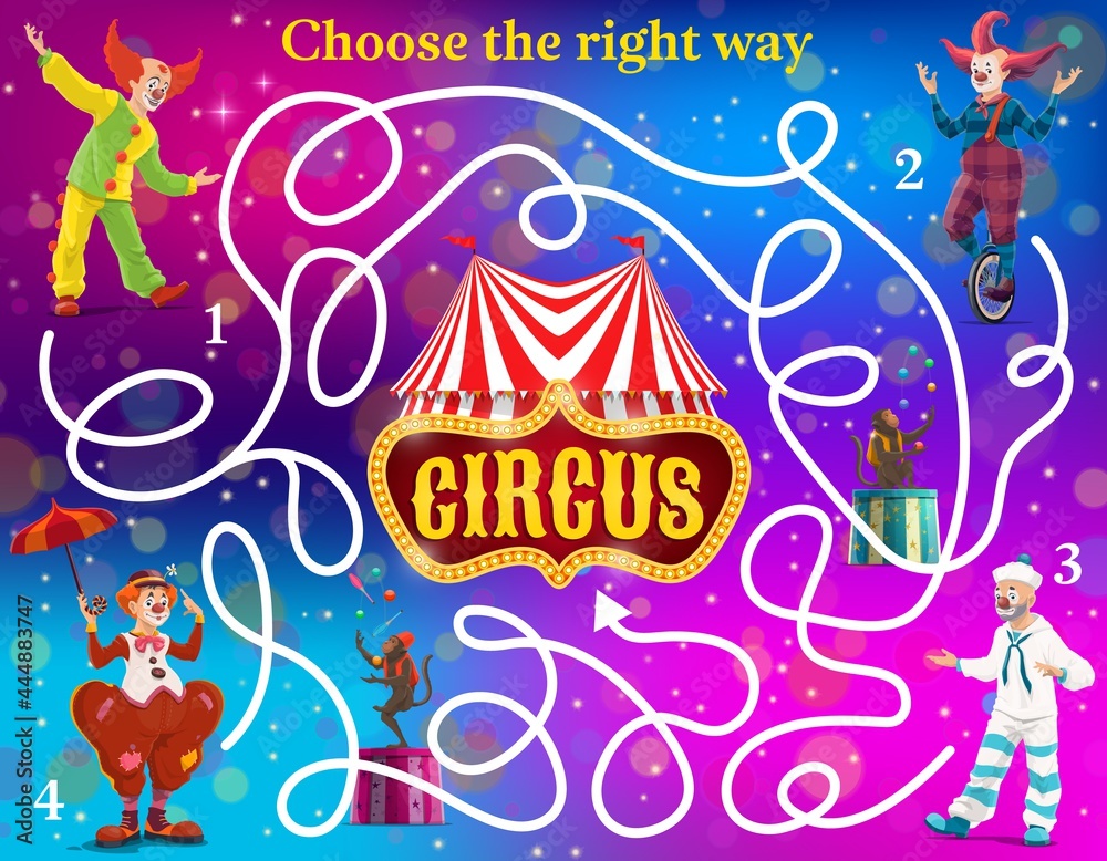 Labyrinth maze vector kids game with circus clowns. Find right way to circus shapito big top tent education game, logic puzzle, riddle or quize with cartoon clown characters of shapito carnival show