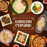 Korean cuisine food restaurant banner. Scallop salad and vegetable stuffed squid, grilled beef bulgogi and fried shrimp with spinach, seafood, pork tofu and kimchi soup vector. Korean food meals