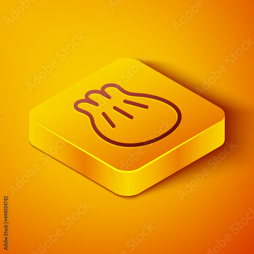 Isometric line Khinkali on cutting board icon isolated on orange background. Traditional georgian dumpling. Yellow square button. Vector Illustration