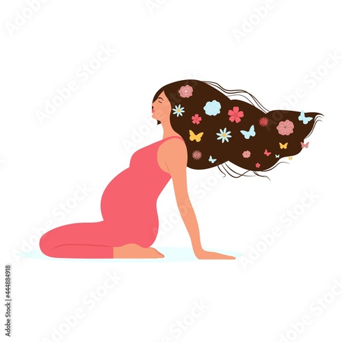 Pregnant woman sits on the floor and meditates with closed eyes. Young woman expecting a baby relaxes at home or breathing exercises. Female character enjoys her freedom and life. 