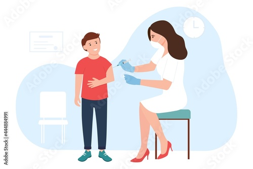Doctor pediatrician makes an injection to a kid in hospital. Child vaccination concept for immunity health. Healthcare and immunize. Vector illustration