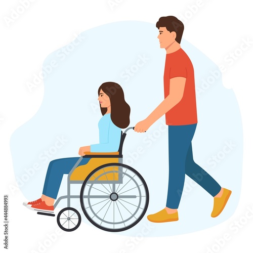 A disabled woman is having fun with her friend. Smiling young inclusive woman in wheelchair with loving boyfriend behind.Social help and support Vector illustration