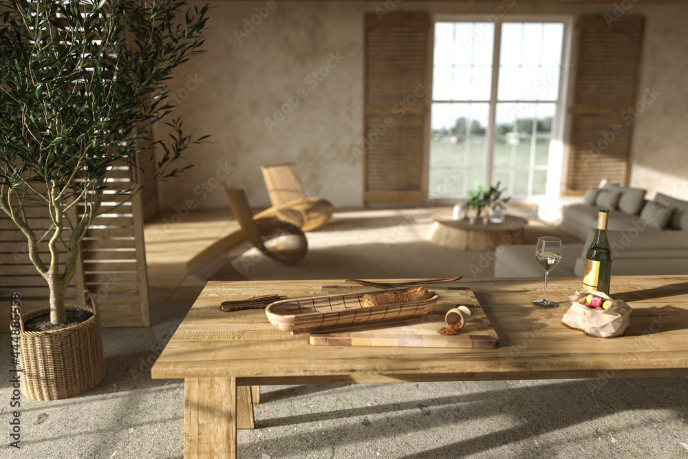 Obraz premium Scandinavian farmhouse style. Beige wooden living room interior and kitchen. Dining table with food. 3d render illustration.