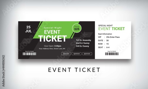 Modern event ticket template with green and black geometric design, professional concert admission pass with barcode, customizable show entry voucher