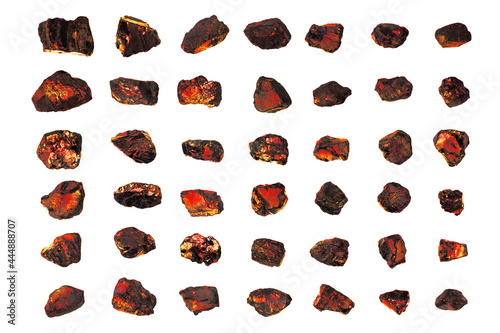 Red hot coal stones set isolated white, burning natural black charcoal pieces texture, flaming anthracite rocks, glowing coal nuggets, smolder orange embers, mineral fossil fuel fire, mining industry photo