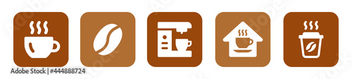 Coffee set. Containing hot coffee in cup, coffee bean, coffee maker, cafe and take away cup symbol vector illustration.