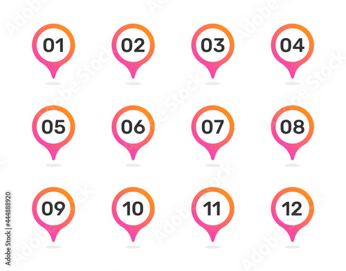 Set number on pin bullet point in color markers 1 to 12. Vector illustration