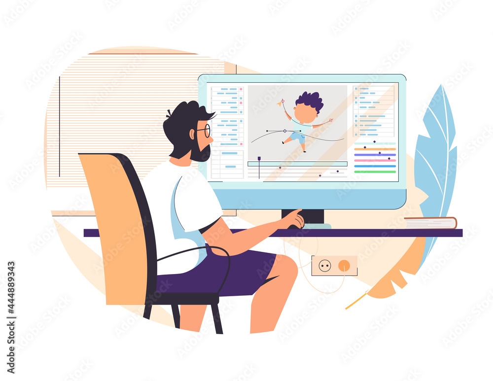 Guy animator designer in creative process vector illustration. Man motion  designer sitting at workplace and working on computer. Freelancer graphic  creator learn at online animation editor course. Stock Vector | Adobe Stock