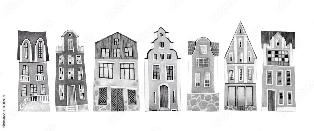Scandinavian style houses drawn in pencil on a white background.