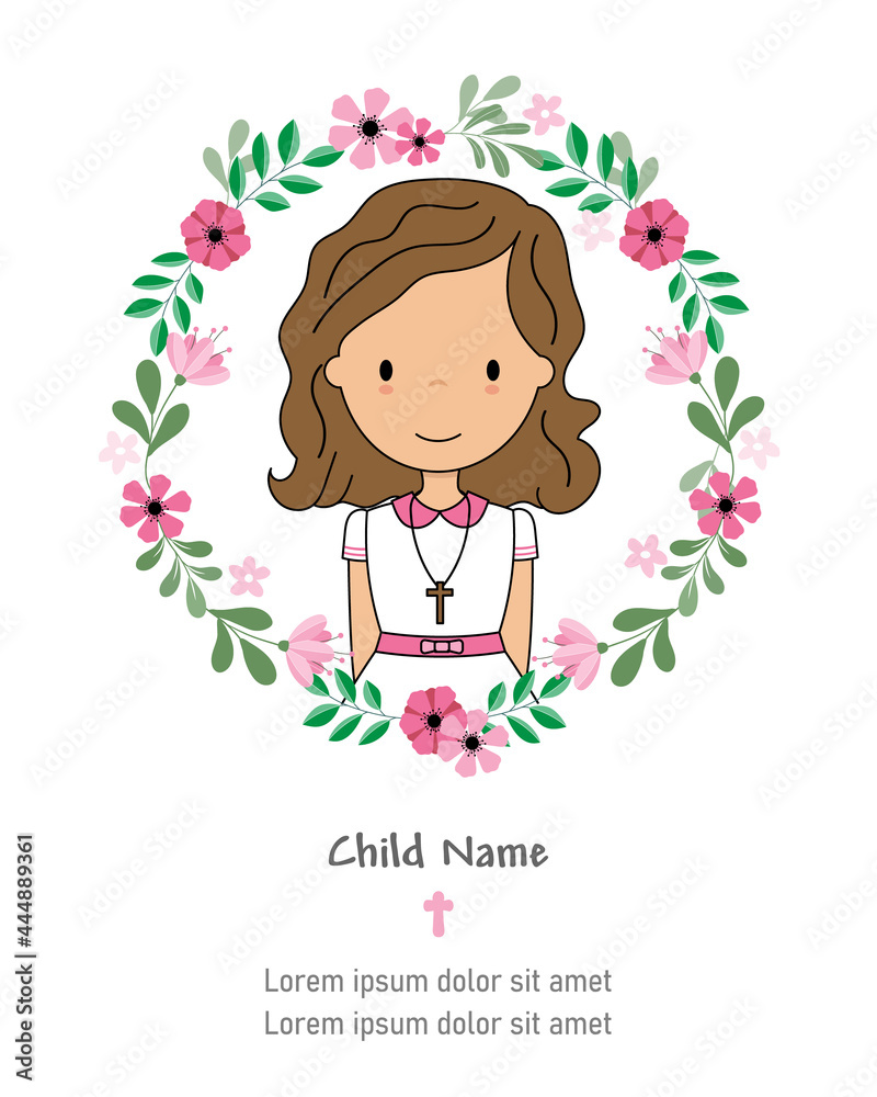 My first communion card. Girl inside flower frame My first communion card. Girl inside flower frame