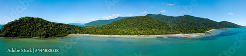 Aerial image of Cape Tribulation a remote headland in tropical far northeast Queensland, Australia. A coastal area within Daintree National Park.