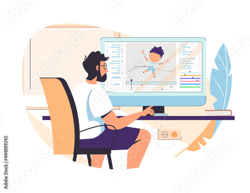 Guy animator designer in creative process vector illustration. Man motion designer sitting at workplace and working on computer. Freelancer graphic creator learn at online animation editor course.