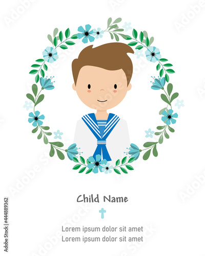 My first communion card. Boy inside flower frame