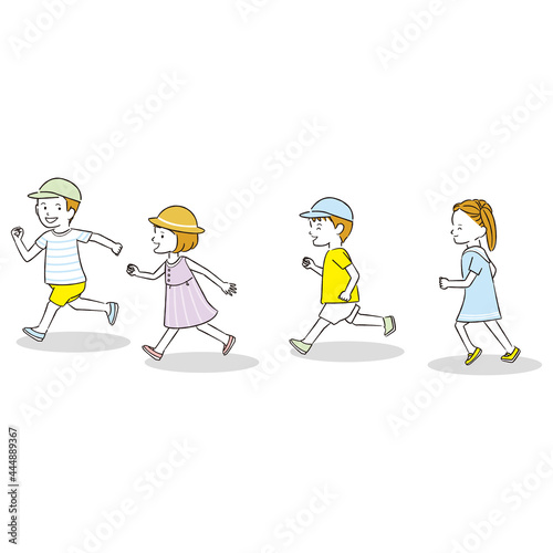 手書き線画カラーイラスト 線画　走る男の子女の子