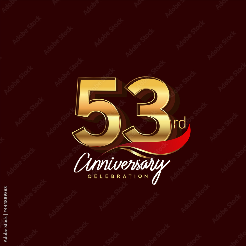 53rd years anniversary celebration logotype. Anniversary logo with red feather and golden color isolated on elegant background, vector design for celebration, invitation card, and greeting card