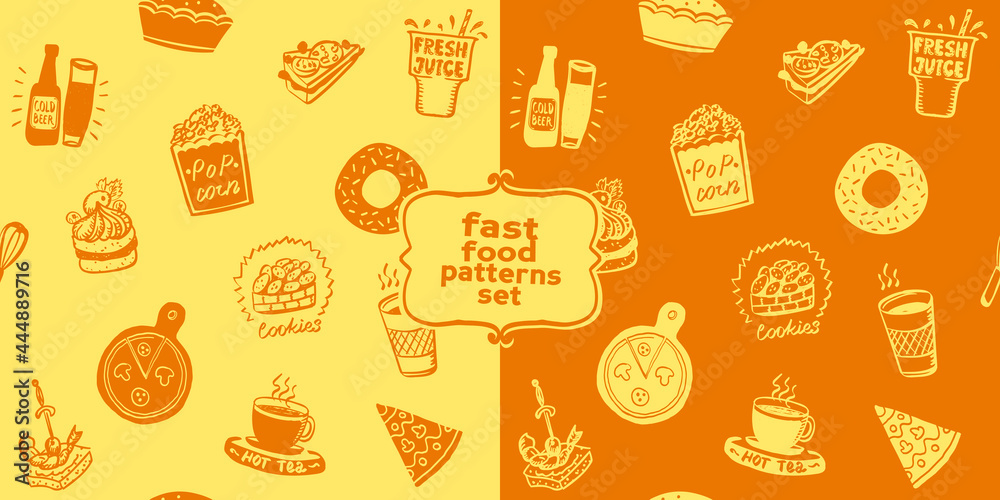 Fast food vector seamless patterns set with doodle style hand drawn food symbols