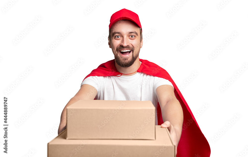 Happy delivery man in superhero cape carrying boxes Happy delivery man in superhero cape carrying boxes