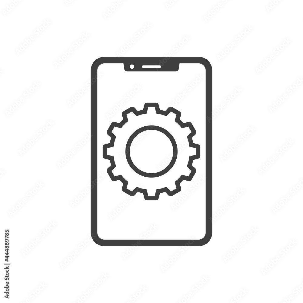 Icono smartphone con engranaje con lineas en color gris Icono smartphone con engranaje con lineas en color gris