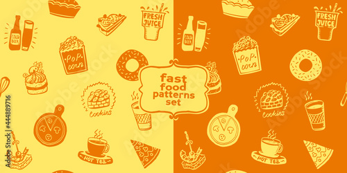 Fast food vector seamless patterns set with doodle style hand drawn food symbols