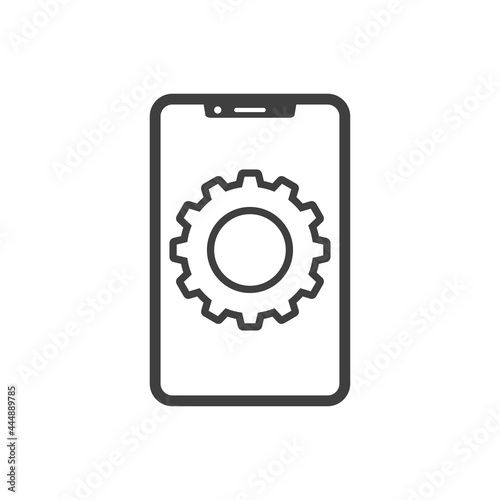Icono smartphone con engranaje con lineas en color gris