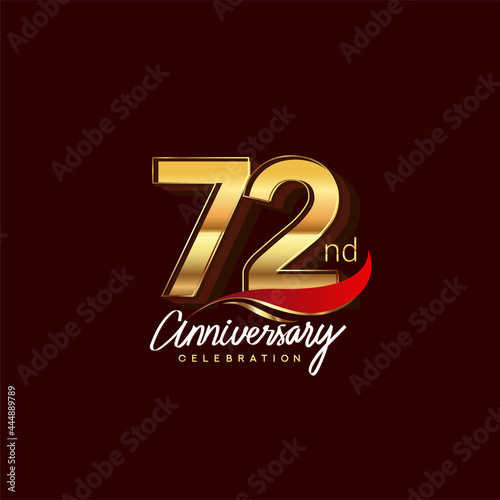 72nd years anniversary celebration logotype. Anniversary logo with red feather and golden color isolated on elegant background, vector design for celebration, invitation card, and greeting card