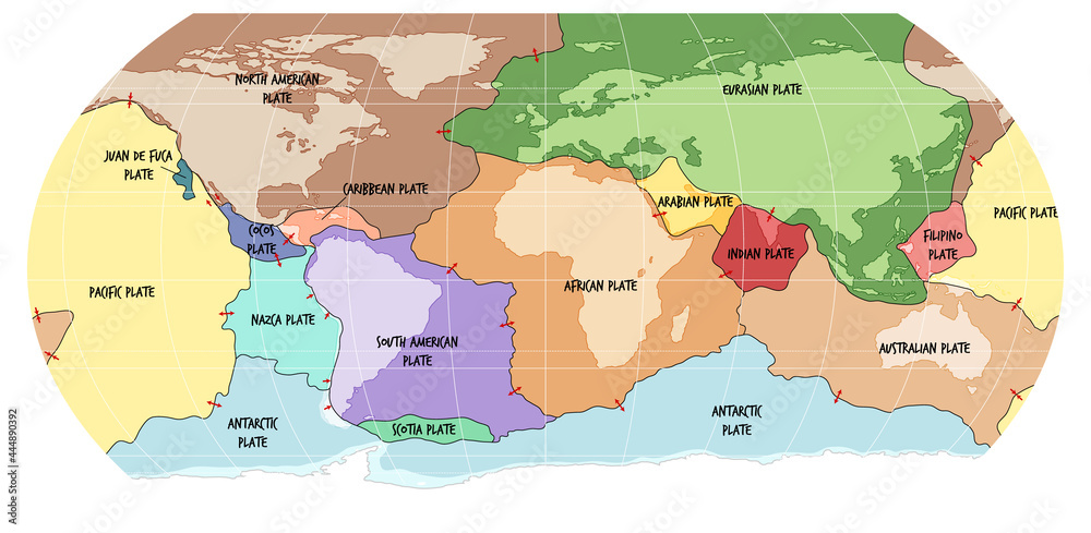 World Map Showing Tectonic Plates Boundaries vector de Stock | Adobe Stock