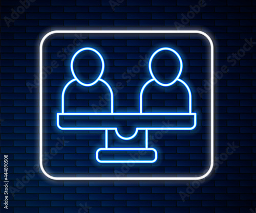 Glowing neon line Gender equality icon isolated on brick wall background. Equal pay and opportunity business concept. Vector