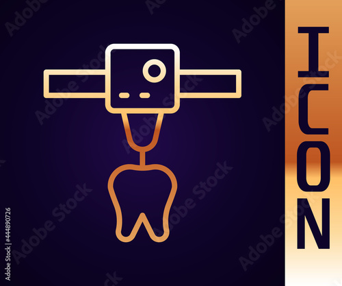 Gold line 3D printer tooth icon isolated on black background. 3d printing. Vector