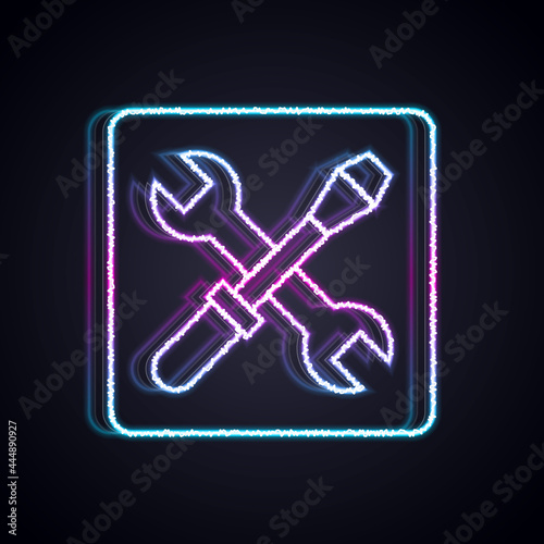 Glowing neon line 3D printer setting icon isolated on black background. 3d printing. Vector