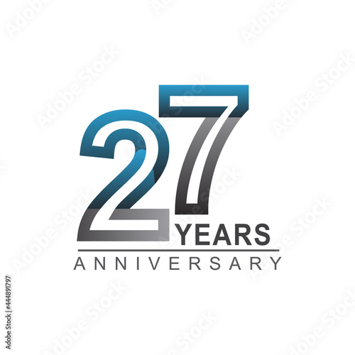 27th years anniversary logotype bold line number with grey and blue color for celebration event isolated on blue background